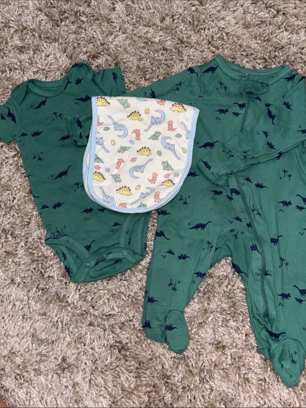 Green Baby Dinosaur Footed Sleeper and Bodysuit Onesie Set with Dino Burp Cloth